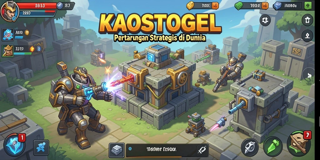 Tampilan gameplay KAOSTOGEL dengan menara pertahanan yang strategis.