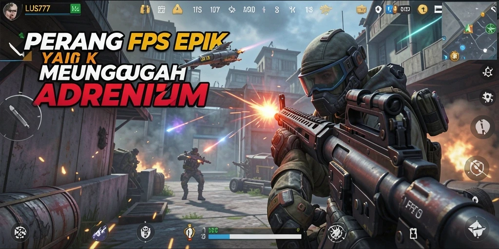 Tangkapan layar utama LUSA777 menampilkan aksi intens dalam gameplay FPS.