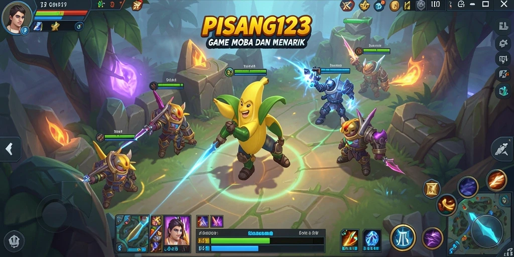 Gameplay PISANG123 dengan karakter bertarung di arena MOBA.